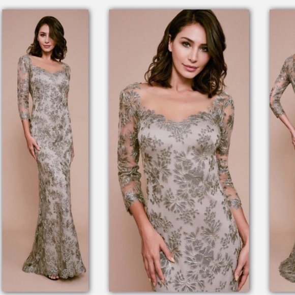 TADASHI SHOJI TOMETI CORDED EMBROIDERED LACE SMOKE PEARL GOWN sz 16